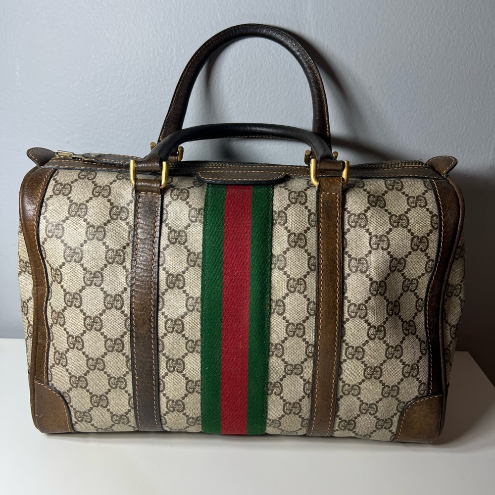 Vintage GUCCI Mini Boston Handbag Sherry Line Canvas‎ Leather 32*21.5*17